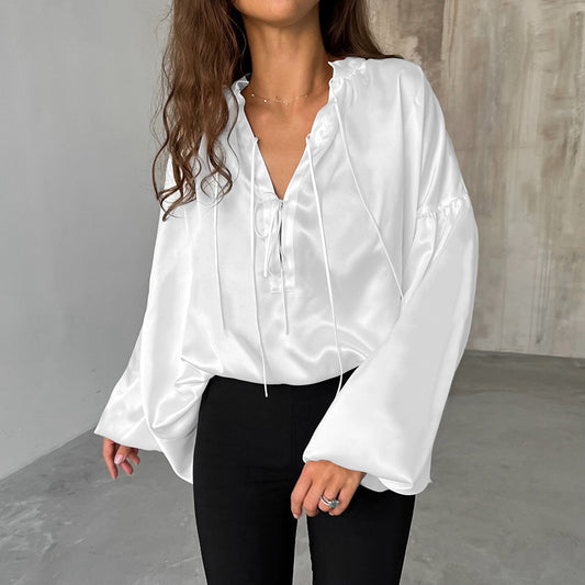 White Stand Collar Satin blouses For Women