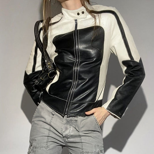 Patchwork Leather Jacket Slim