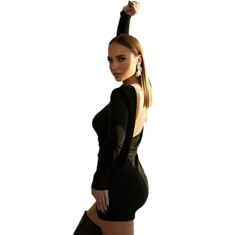 Slim Fit Solid Color Basic Long Sleeve Narrow Skirt