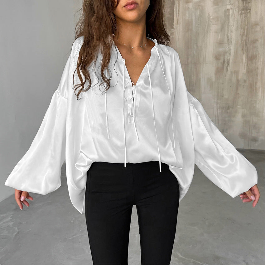 White Stand Collar Satin blouses For Women