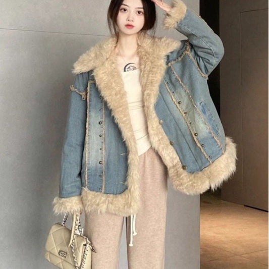 Winter Jeans-Pelzkragen-Mantel für Damen
