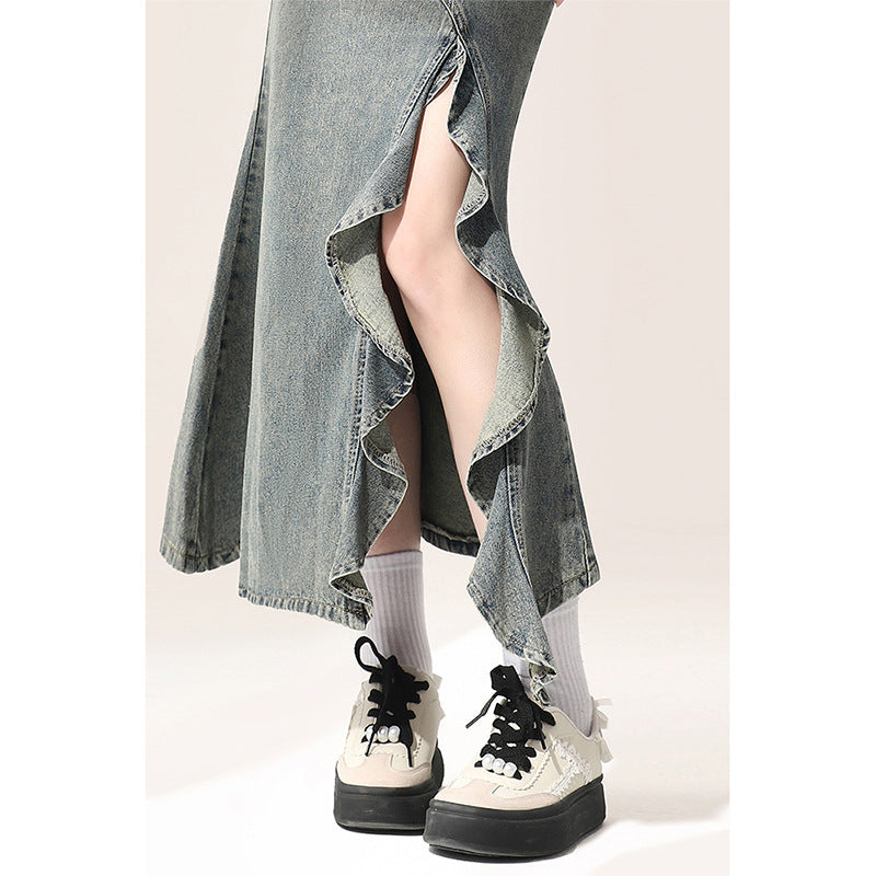 Irregular Half-length Denim Split Skirt