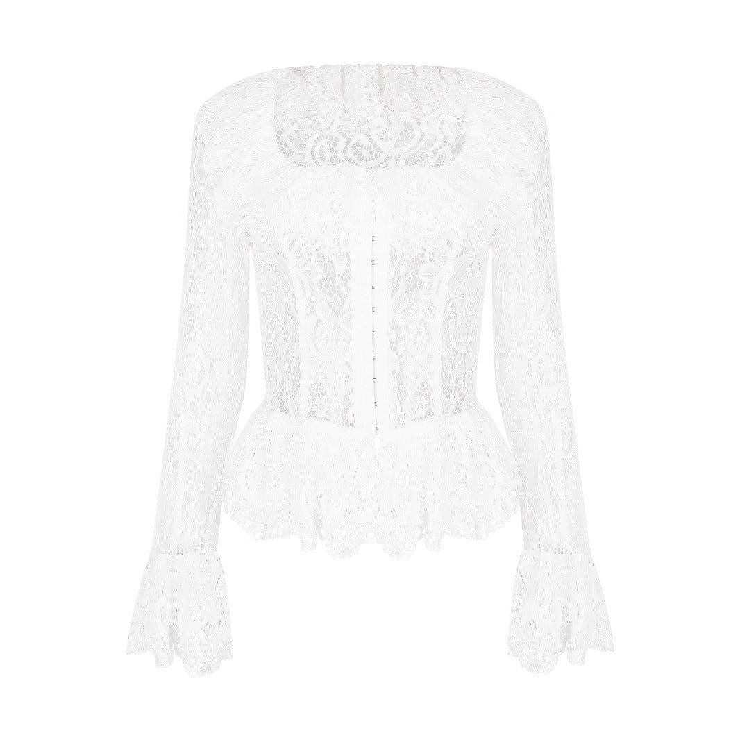 Women's White Lace Long-sleeved Square-neck Top