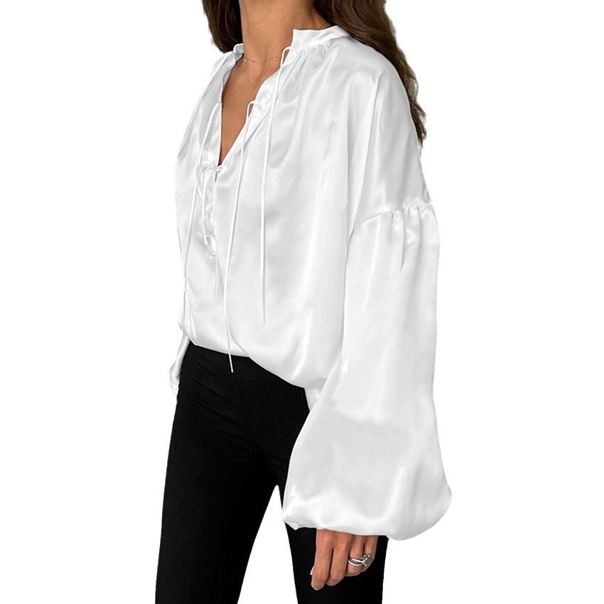 White Stand Collar Satin blouses For Women