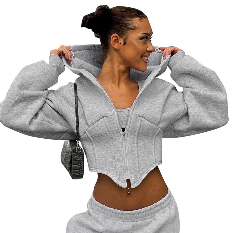Women's Zipper Hooded Cardigan Short