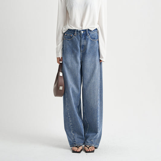 Blue Washed Loose Jeans High-end Women's