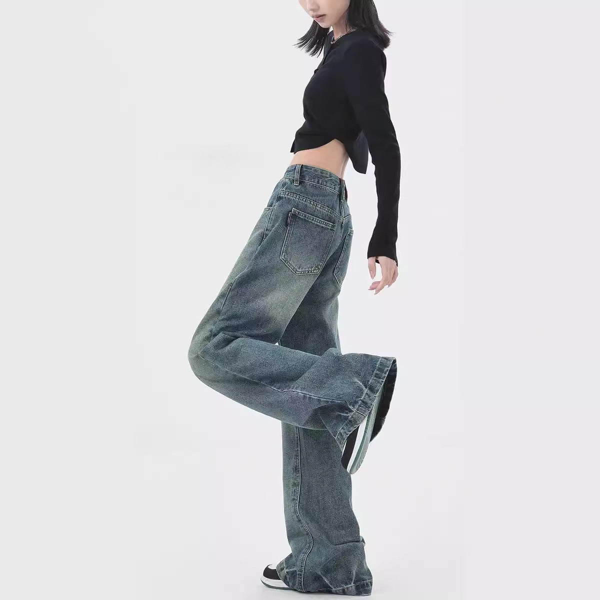 Retro Design Wide Leg Flared Jeans