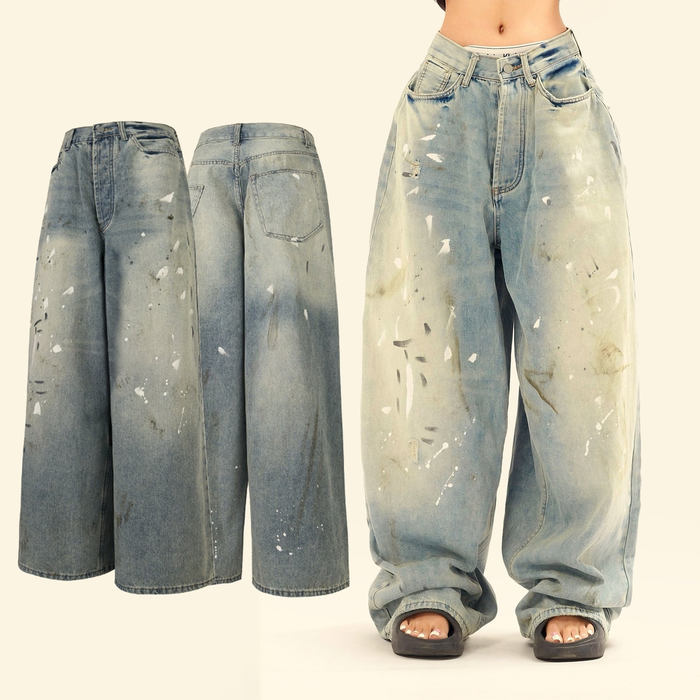 Washed Distressed Casual Loose Wide-leg Jeans