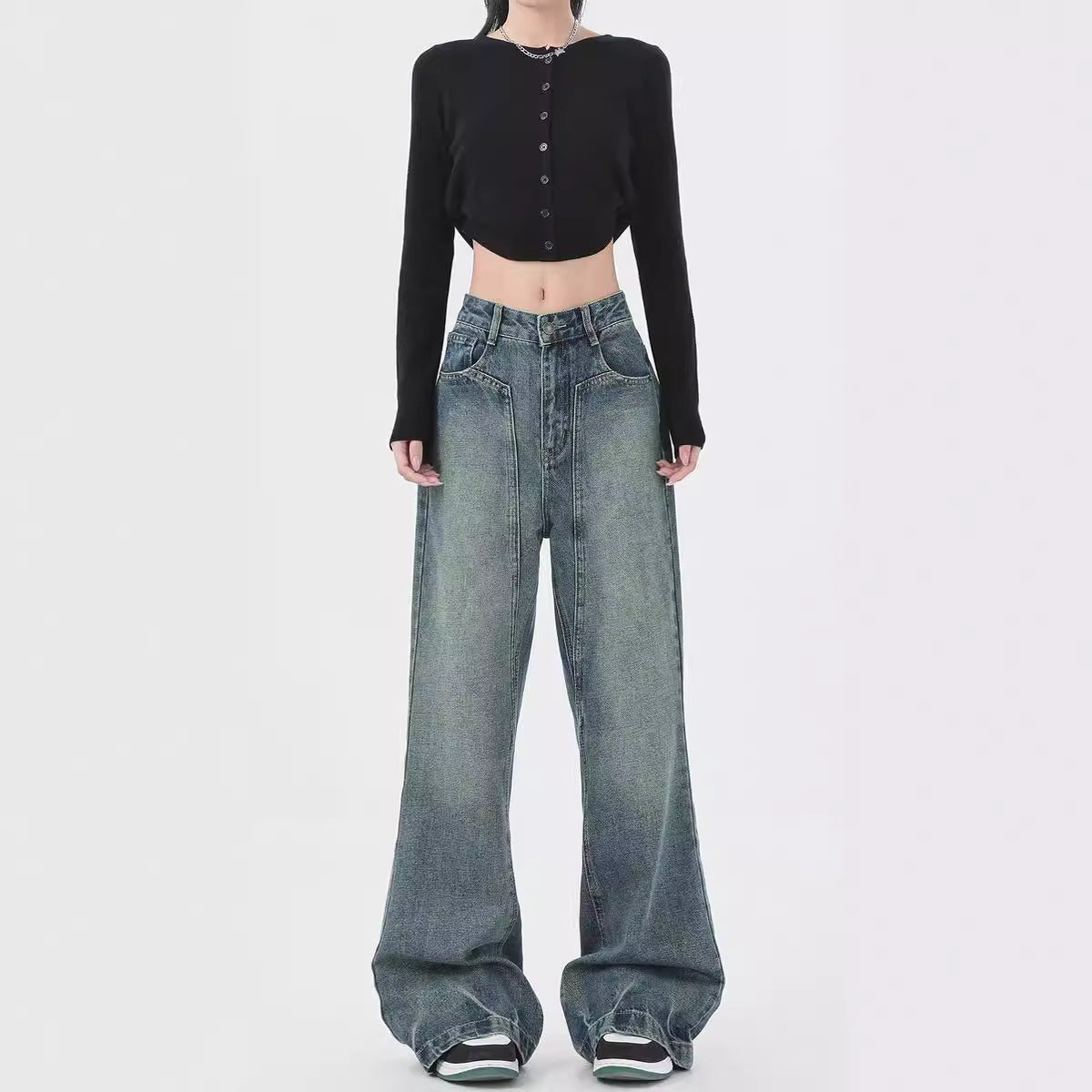 Retro Design Wide Leg Flared Jeans