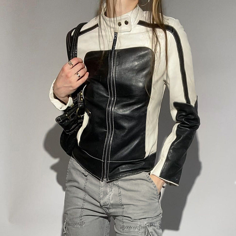 Patchwork Leather Jacket Slim