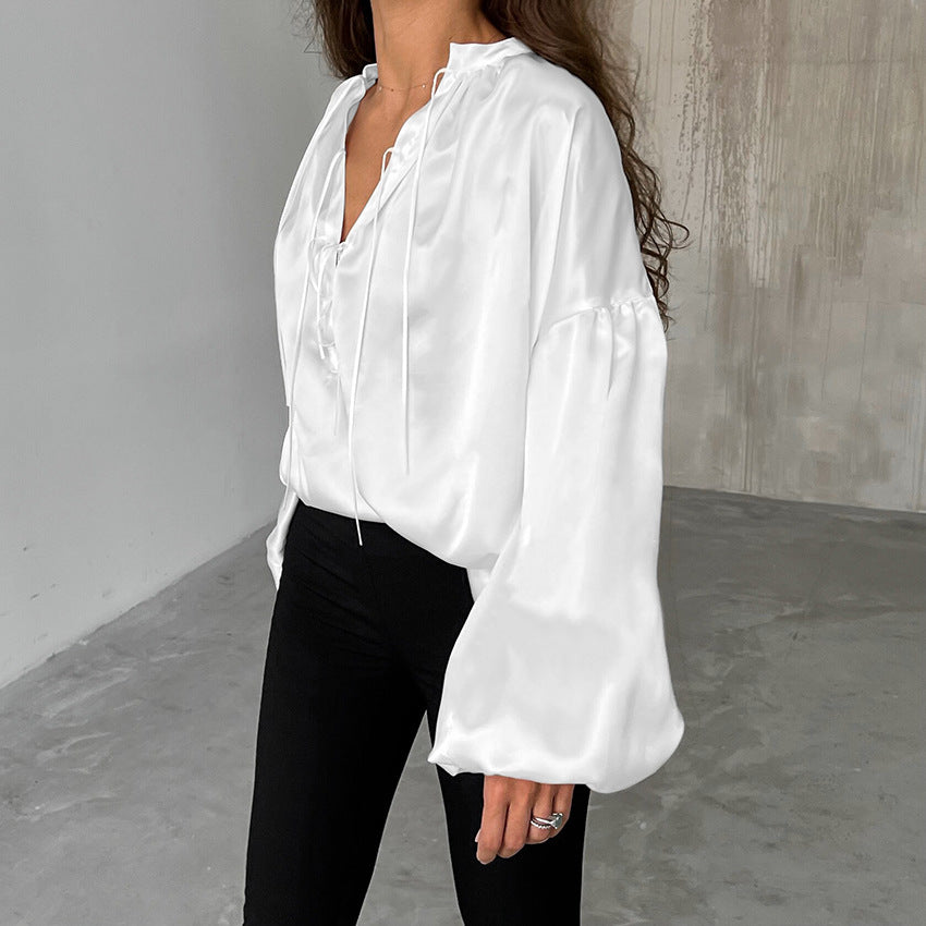 White Stand Collar Satin blouses For Women