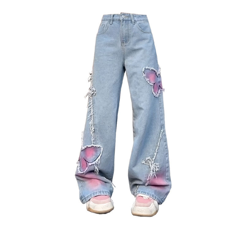 Damen Vintage Schmetterlings Jeans