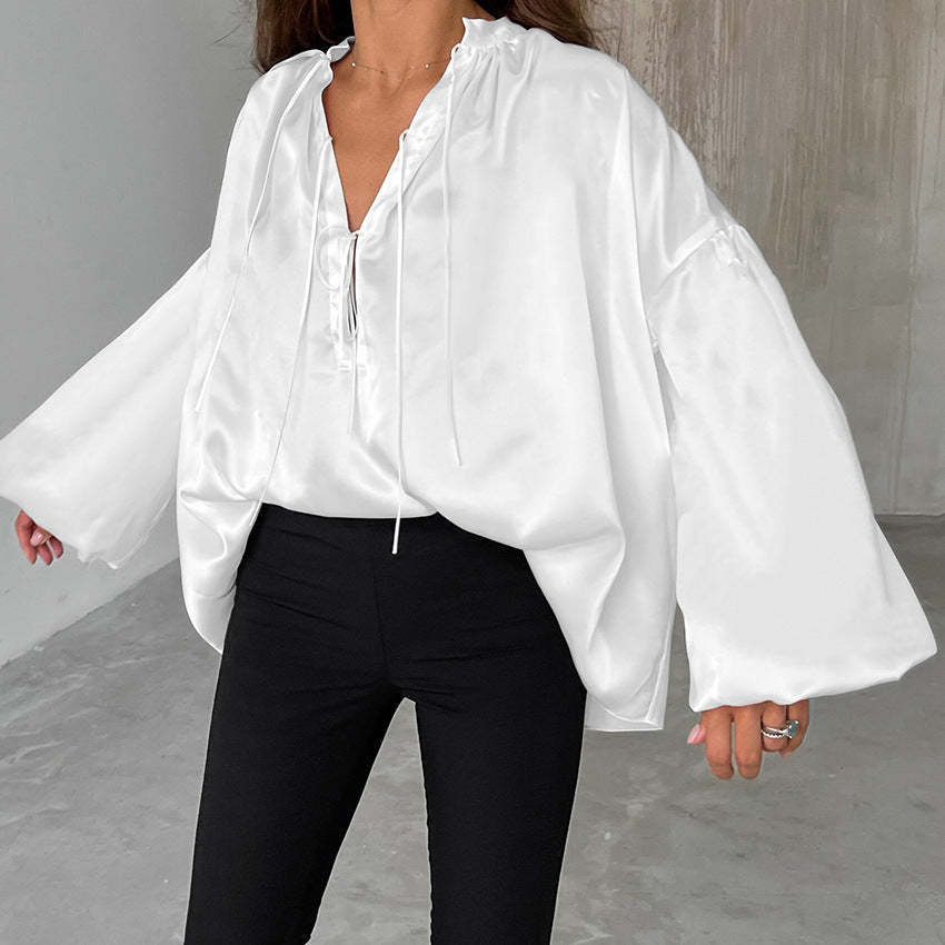 White Stand Collar Satin blouses For Women