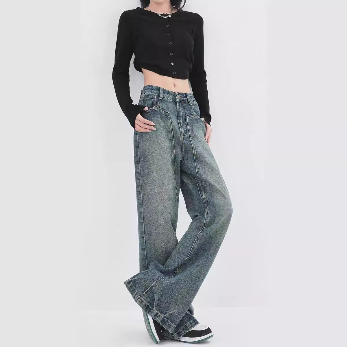 Retro Design Wide Leg Flared Jeans