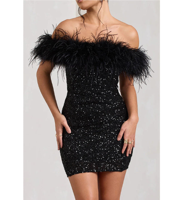 Feather Sequins Tube Top Package Hip Dress