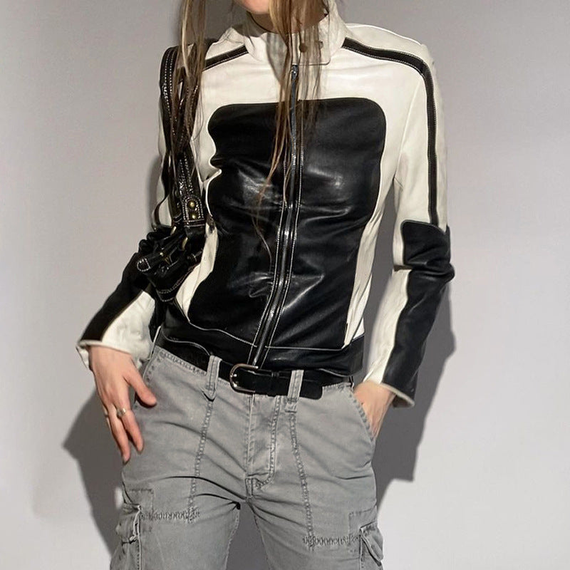 Patchwork Leather Jacket Slim